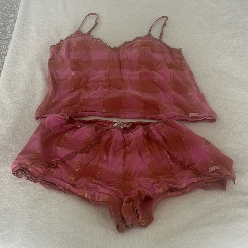 Women's Pink and Orange Plaid Intimate Set